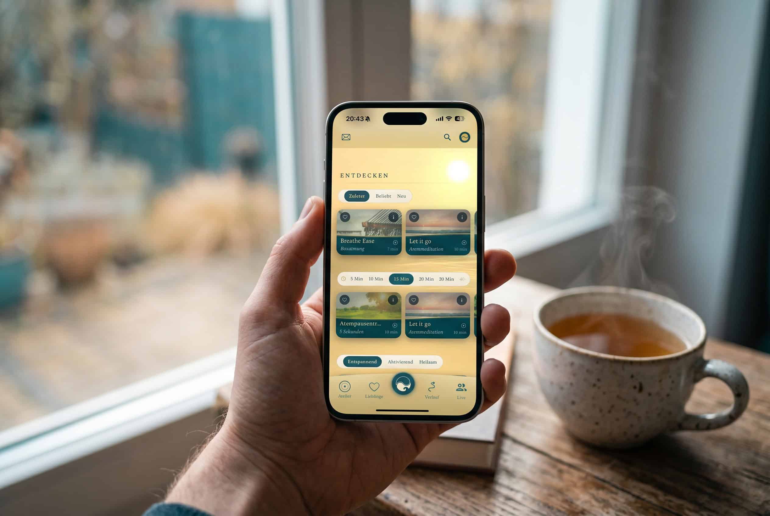 AtemFlow App: Übungsbibliothek im hellen Modus, sortiert nach Gefühl und Dauer