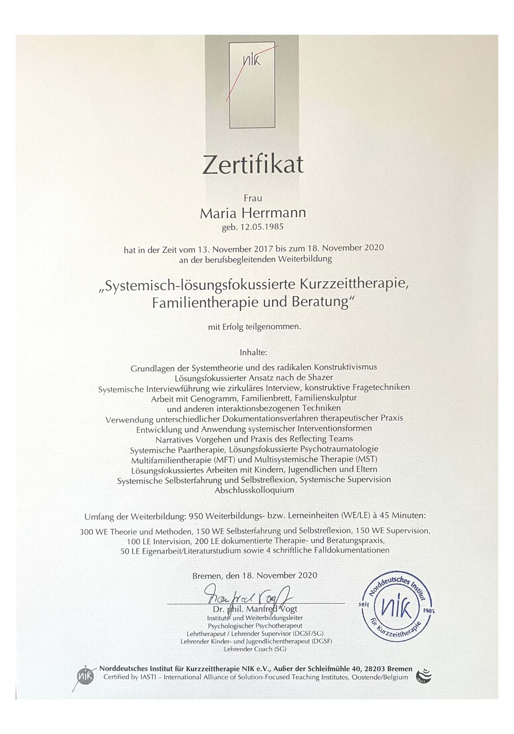 Zertifikat systemische Familientherapie von Maria Böhme, NIK Bremen
