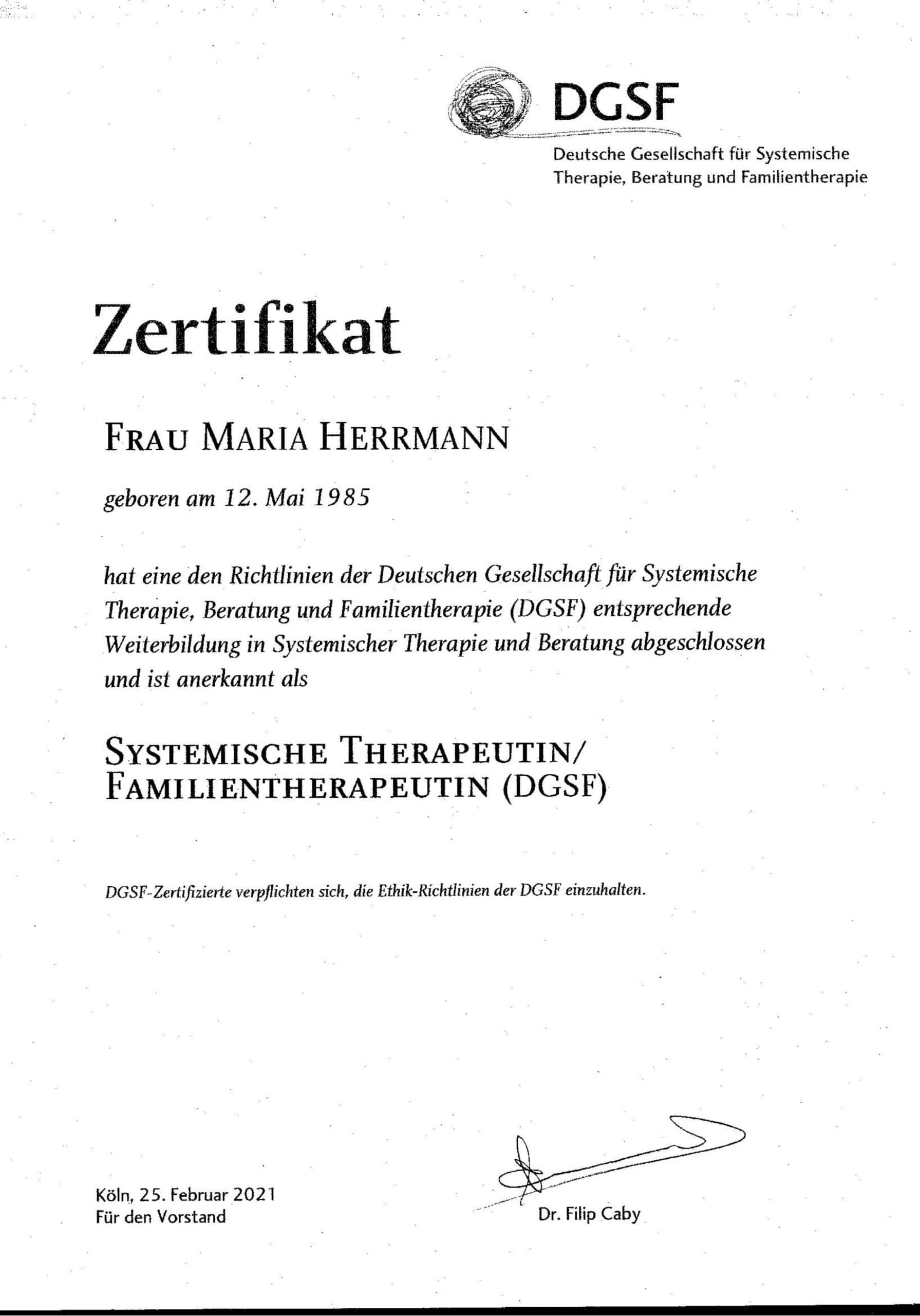 Zertifikat der Deutschen Gesellschaft für Therapie, Beratung und Familientherapie, Maria Böhme